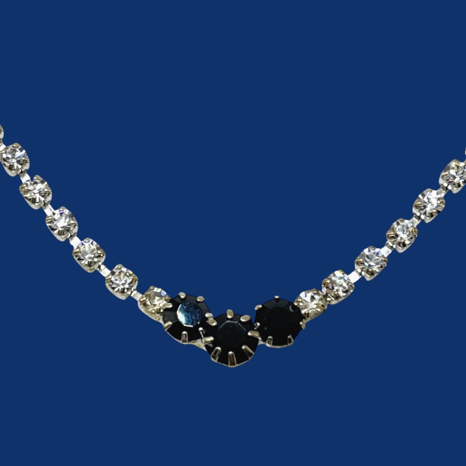 Vintage Necklace Black White Rhinestone Silver Tone Evening Elegant 17 Tennis 16$